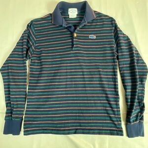 Vintage IZOD Lacoste Womens Polo Shirt USA Made Blue Striped Long Sleeve Size 18